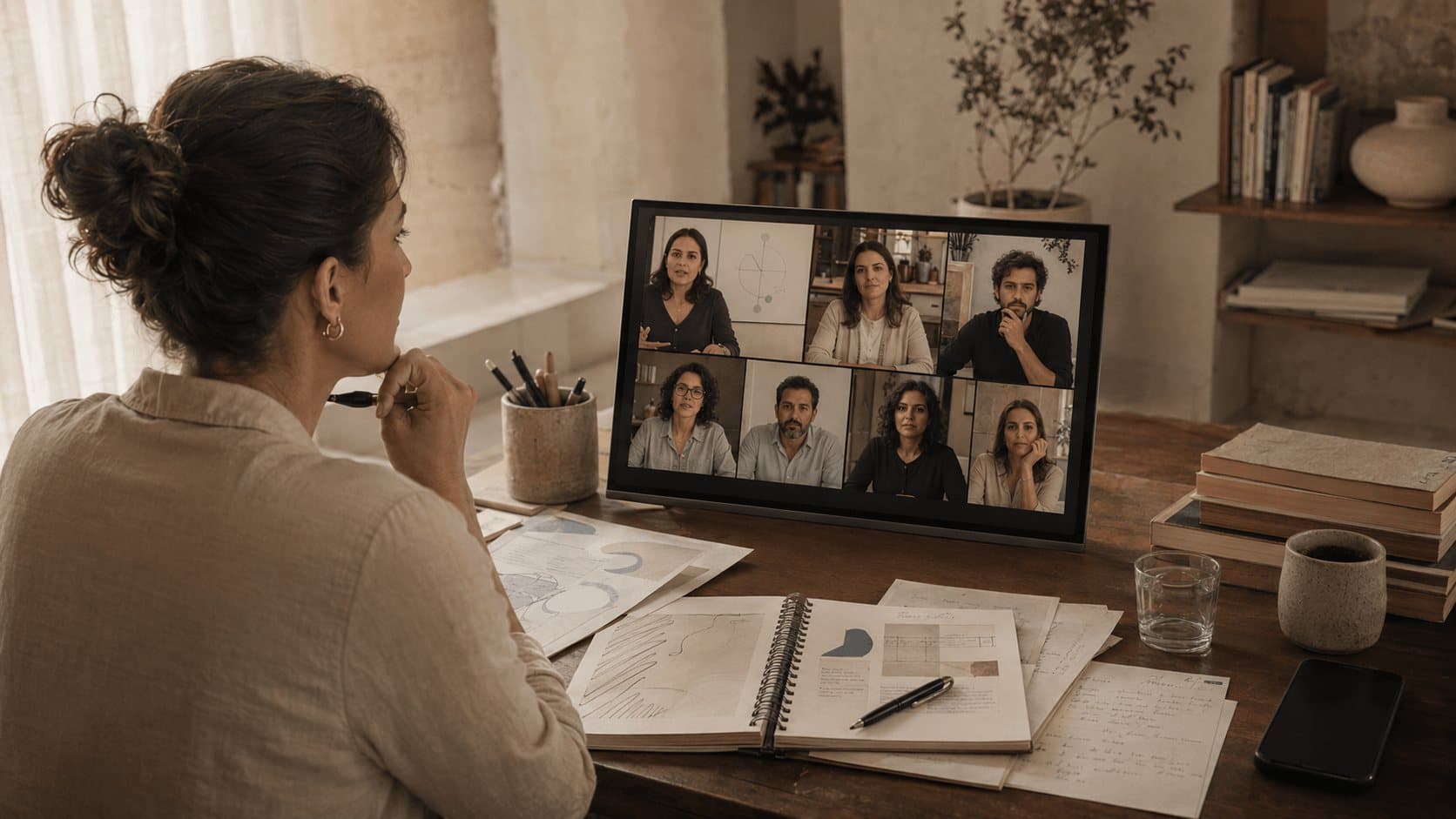 Psicanalista à mesa de trabalho acompanhando um encontro on-line com outros participantes na tela, com cadernos e anotações à frente